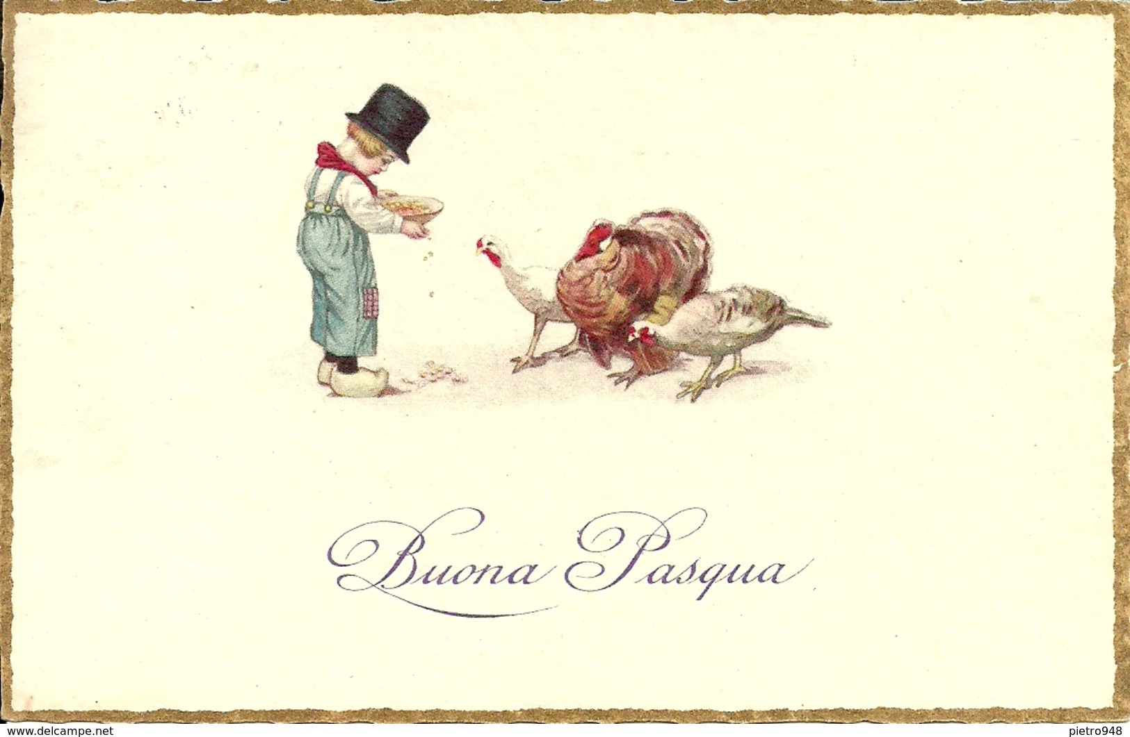 Cartolina "Buona Pasqua", Bambino Che Da Il Mangime Ai Polli, Thematic Stamp 20 Cent. Decenn. Marcia Su Roma 1932 (S03) - Pasqua