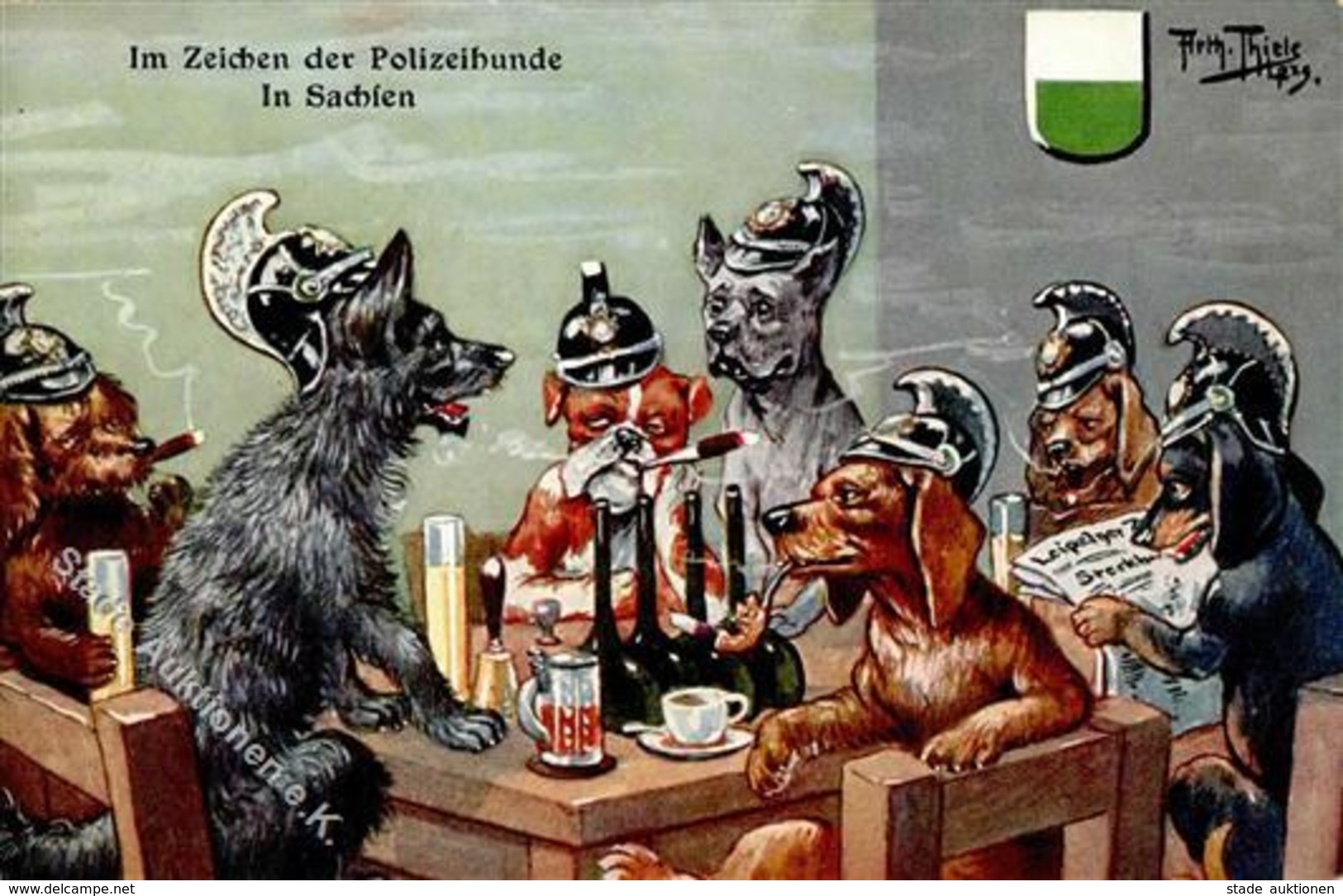 Thiele, Arthur Dackel Hunde Personifiziert Polizei  Künstlerkarte I-II Chien - Thiele, Arthur