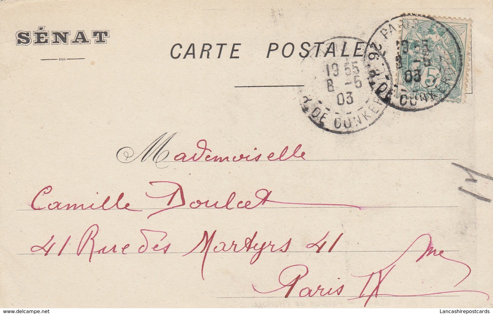 Postcard Genealogy Camille Doulcet 41 Rue Des Martyrs Paris PU 1903 On Senat Undivided Back Postcard My Ref  B13564 - Genealogy