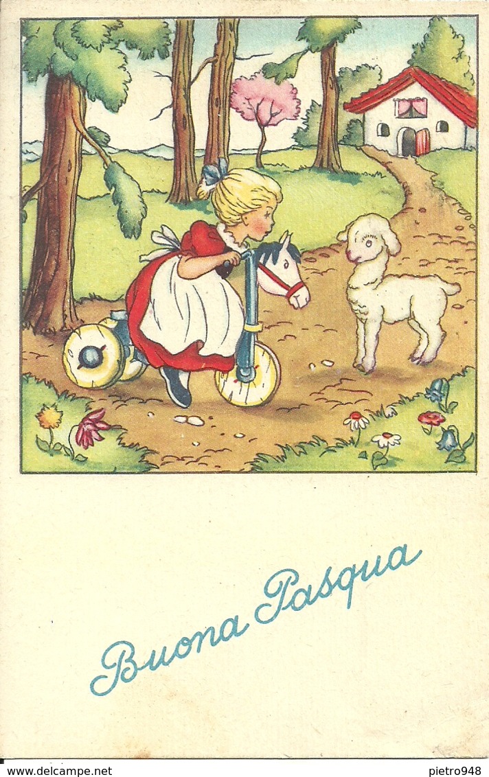 Cartolina "Buona Pasqua", Bambina Su Un Triciclo Di Legno E Pecorella (S13) - Pascua