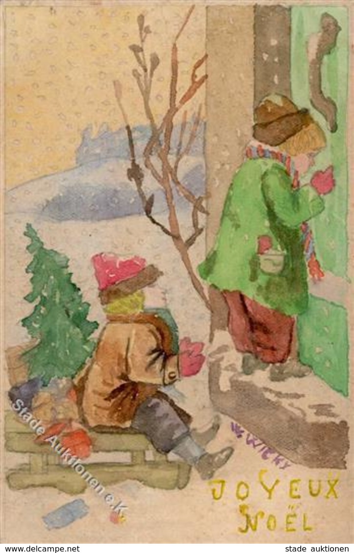 Handgemalt Sign. Wicky, W. Kinder Weihnachten  Künstlerkarte 1907 I-II Noel Peint à La Main - Sonstige & Ohne Zuordnung