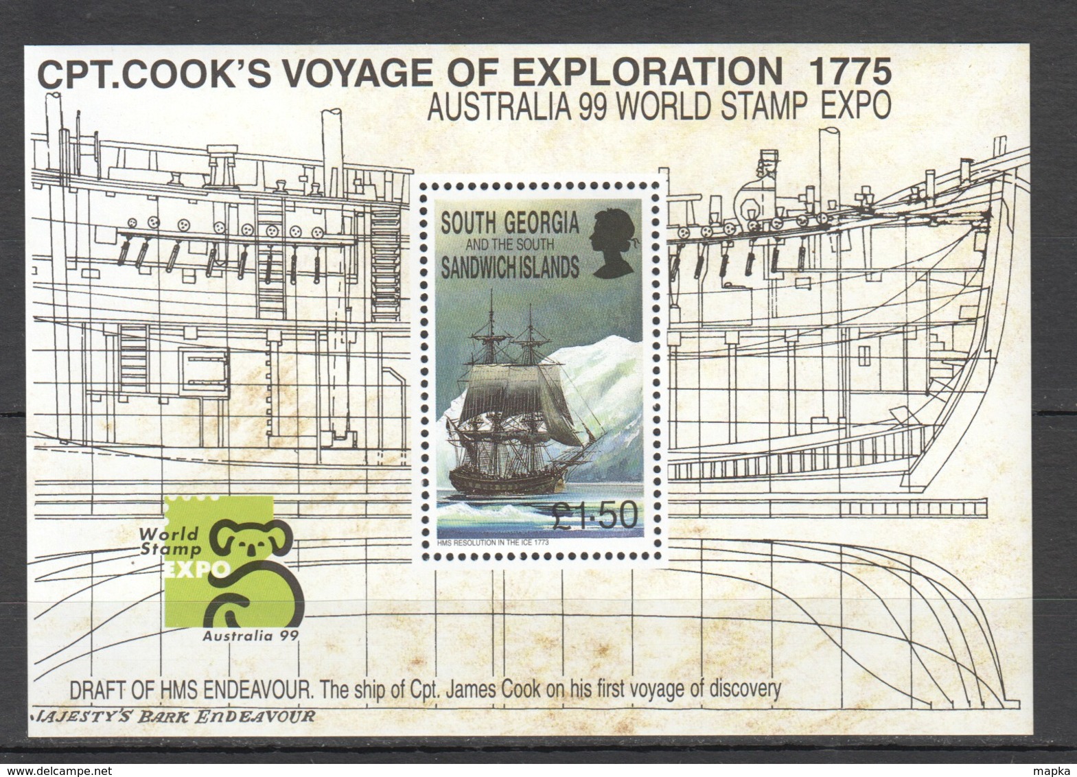 J245 1999 SOUTH GEORGIA TRANSPORT SHIPS CPT. COOK'S VOYAGE AUSTRALIA EXPO !!! MICHEL 20 EURO !!! 1BL MNH - Schiffe