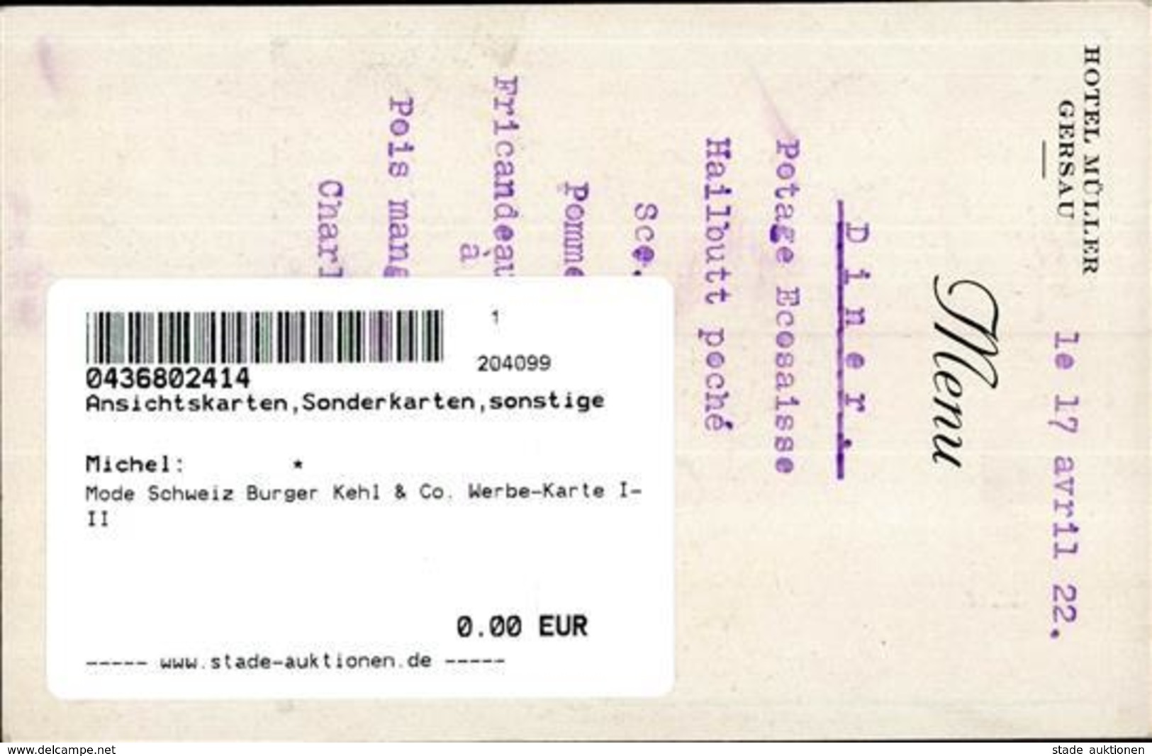 Mode Schweiz Burger Kehl & Co. Werbe-Karte I-II - Other & Unclassified