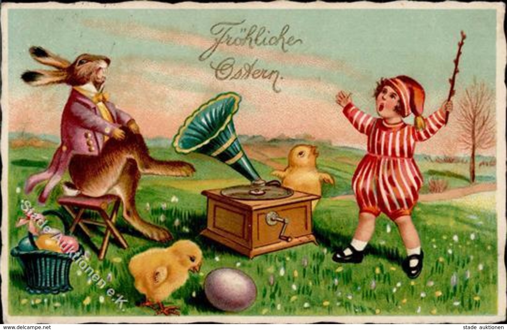 Plattenspieler Hase Personifiziert Kind Ostern  Lithographie I-II Paques - Sonstige & Ohne Zuordnung