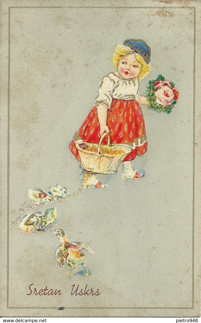 Cartolina "Buona Pasqua", "Sretan Uskrs", Bambina Con Cesta Fiori E Pulcini (S19) - Pasqua