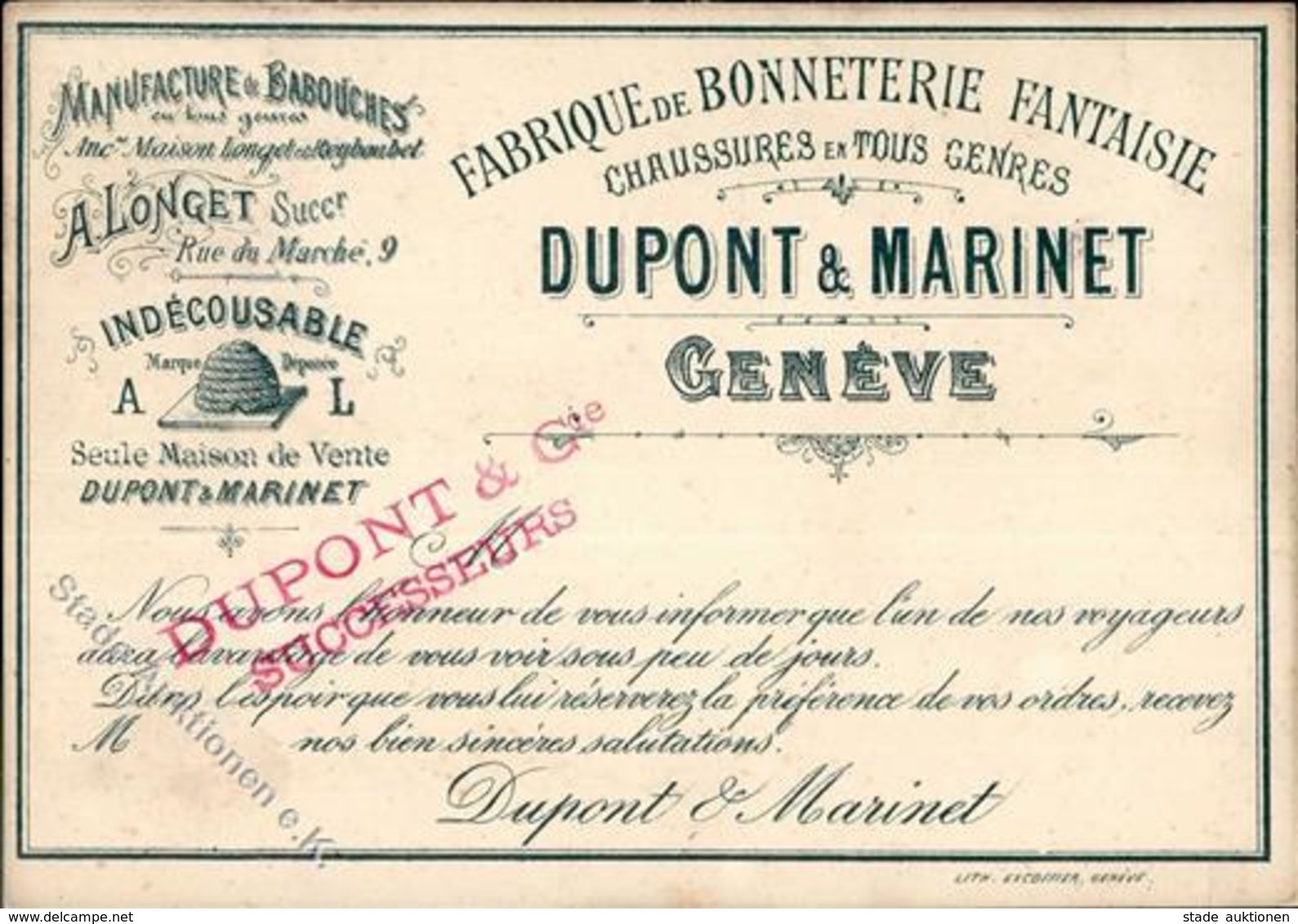 Werbung Genève (1200) Schweiz Dupont & Marinet 1897 I-II Publicite - Publicité