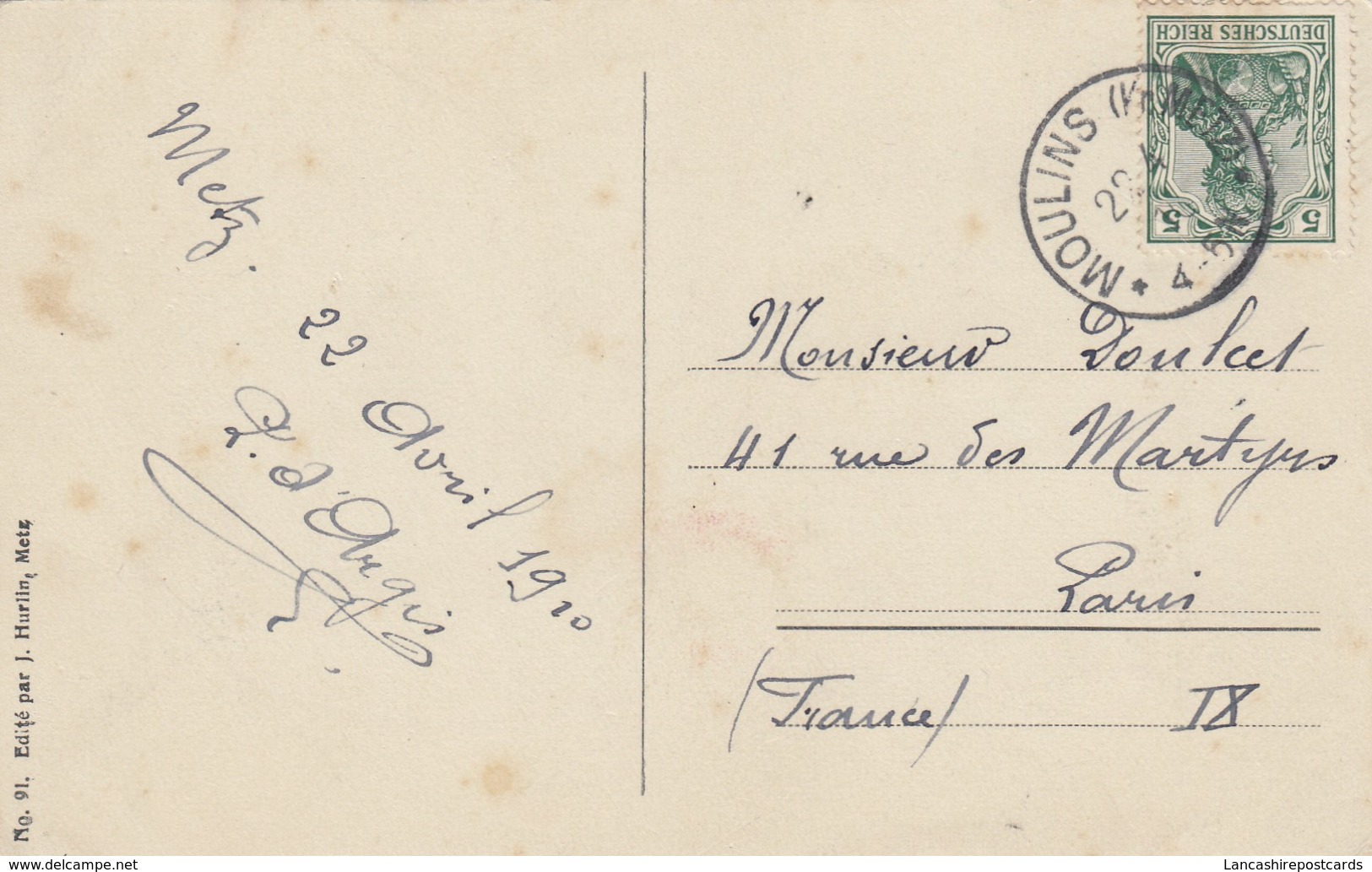 Postcard Genealogy Monsieur Doulcet 41 Rue Des Martyrs Paris PU Moulins Metz 1910 My Ref  B13565 - Genealogy