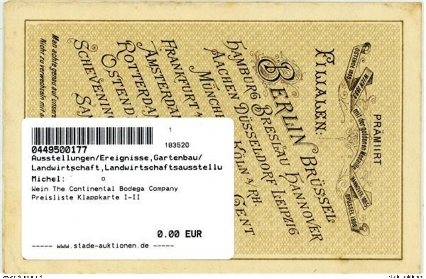 Wein The Continental Bodega Company Preisliste Klappkarte I-II Vigne - Ausstellungen