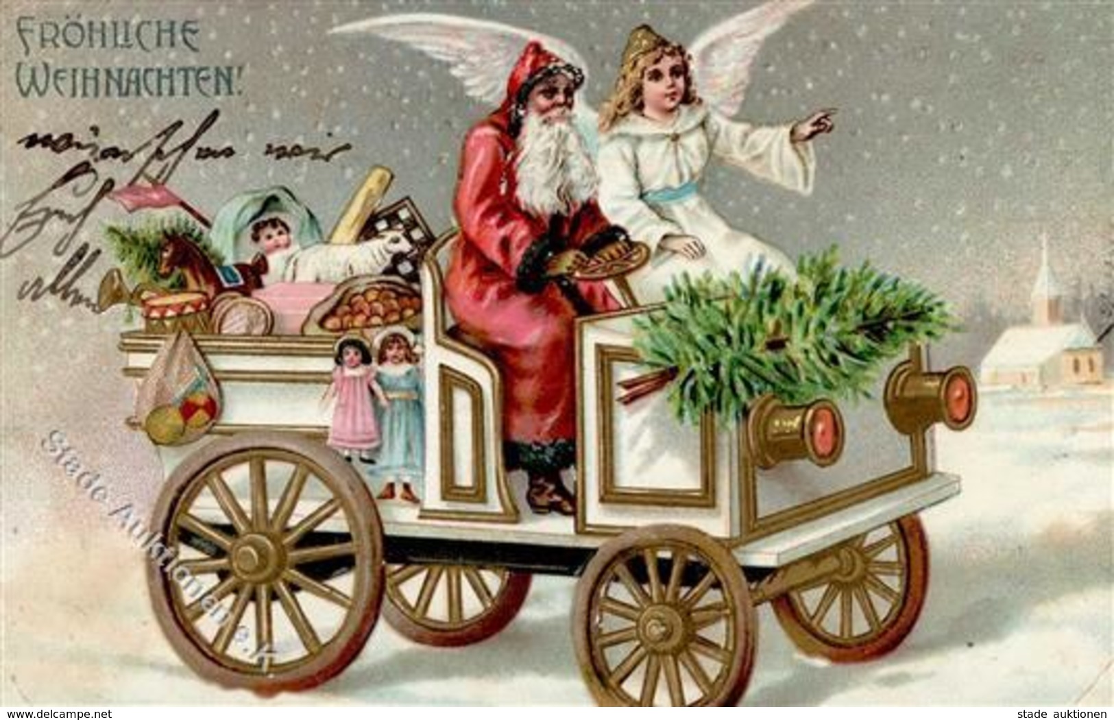 Weihnachtsmann Engel Puppen Spielzeug Lithographie / Prägedruck 1906 I-II (Eckbug) Pere Noel Jouet Ange - Santa Claus