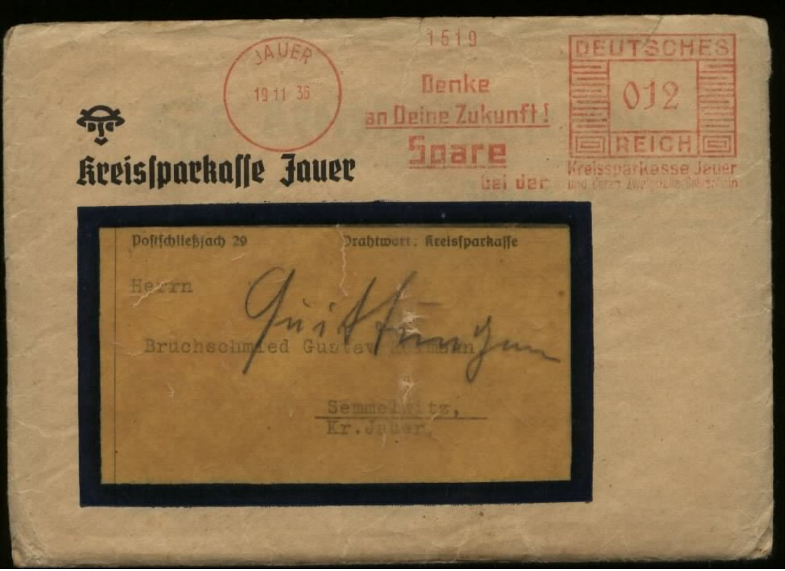 WW II DR Polen Brief Kreissparkasse : Gebraucht Mit Freistempel Jauer Schlesien - Semmelwitz 1936 , Bedarfserhaltung M - Covers & Documents