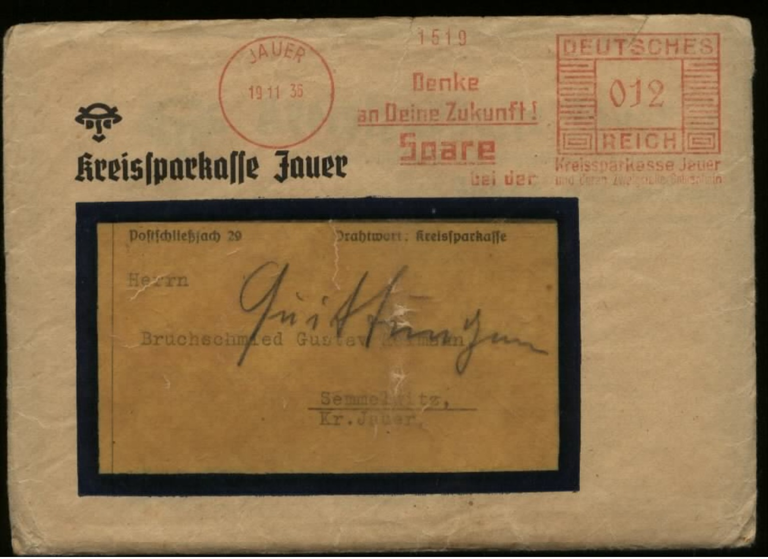 WW II DR Polen Brief Kreissparkasse : Gebraucht Mit Freistempel Jauer Schlesien - Semmelwitz 1936 , Bedarfserhaltung M - Brieven En Documenten