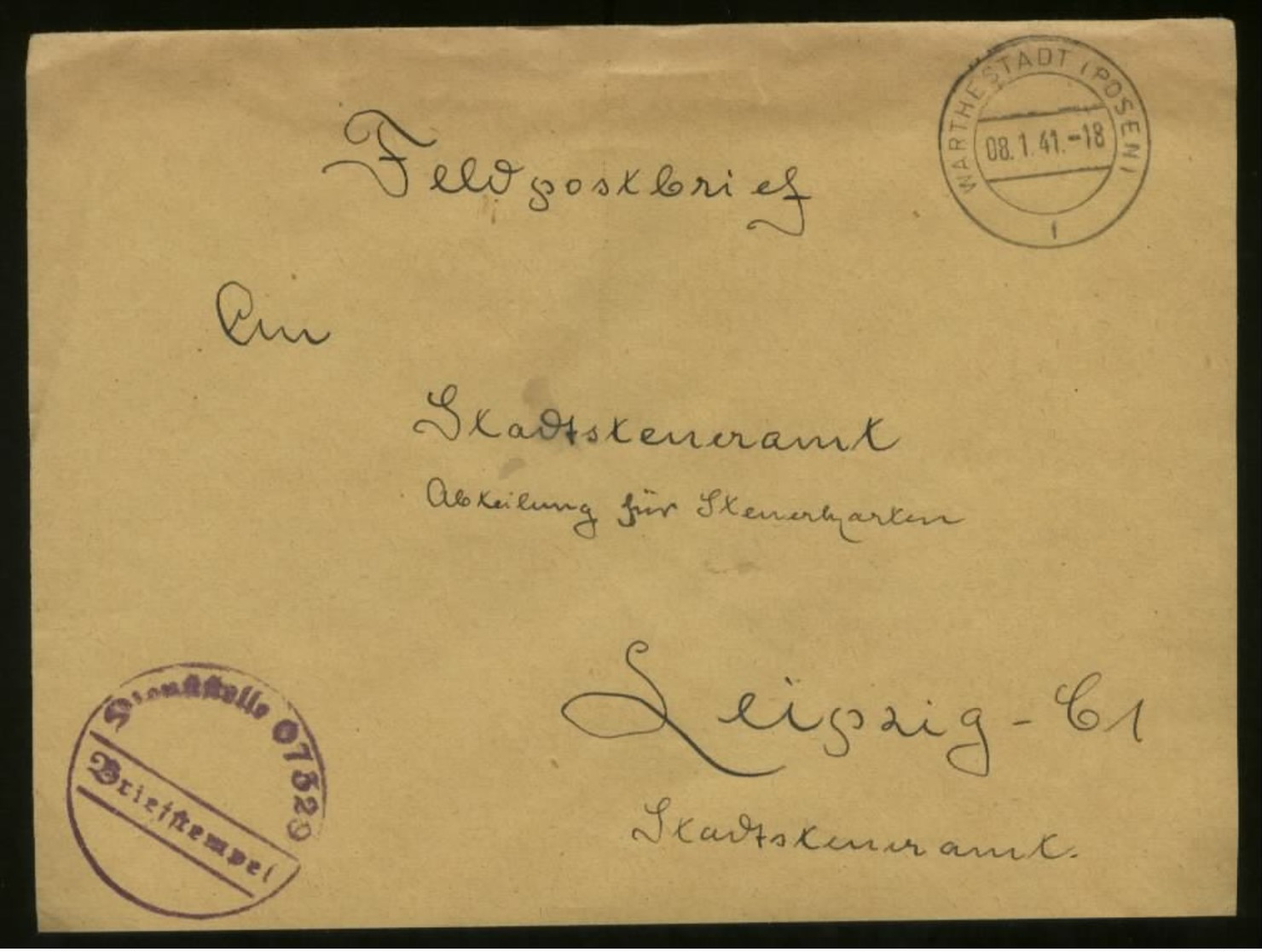 WW II DR Polen Feldpost Briefumschlag : Gebraucht Warthestadt Posen - Leipzig 1941 ,Bedarfserhaltung Ohne Inhalt. - Lettres & Documents