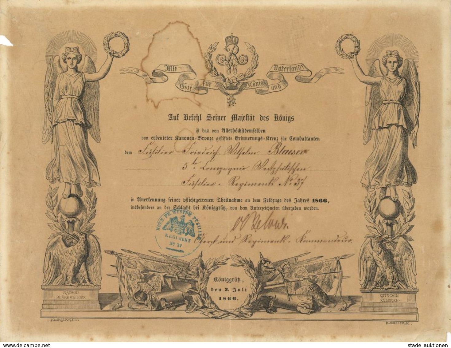Militär Deutscher Krieg 1866 Verleihungsurkunde Erinnerungskreuz Für Combattanten Des Feldzuges Insbesondere An Der Schl - Other & Unclassified