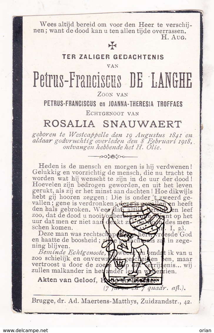 DP Petrus F. De Langhe / Troffaes ° Westkapelle Knokke-Heist 1841 † 1918 X Rosalia Snauwaert - Images Religieuses