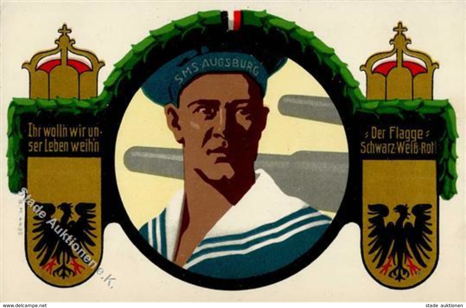 Patriotik WK I SMS Augsburg Matrose Fahne Schwarz-Weiß-Rot I-II - Guerre 1914-18