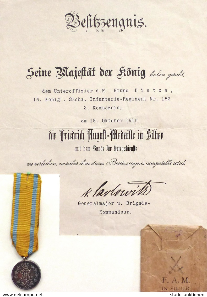 WK I Orden Friedrich August Medaille Mit Band Und Besitzzeugnis I-II - Guerre 1914-18