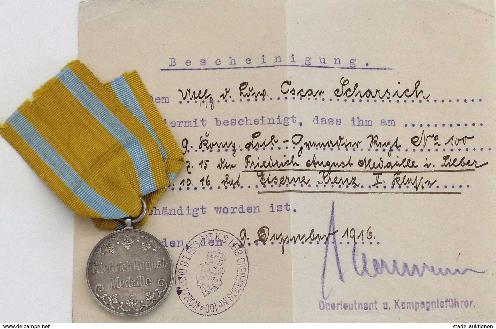 WK I Orden Friedrich August Medaille Silber Sowie Bescheinigung Eisernes Kreuz II. Kl. Ausgestellt 9. Kgl. Leib-Grenadie - Guerre 1914-18