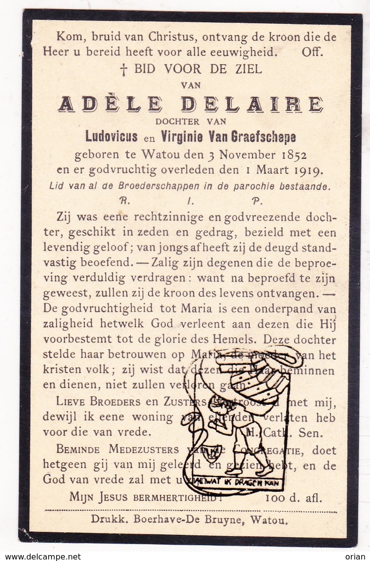 DP Adèle Delaire / Van Graefschepe ° Watou Poperinge 1852 † 1919 - Images Religieuses