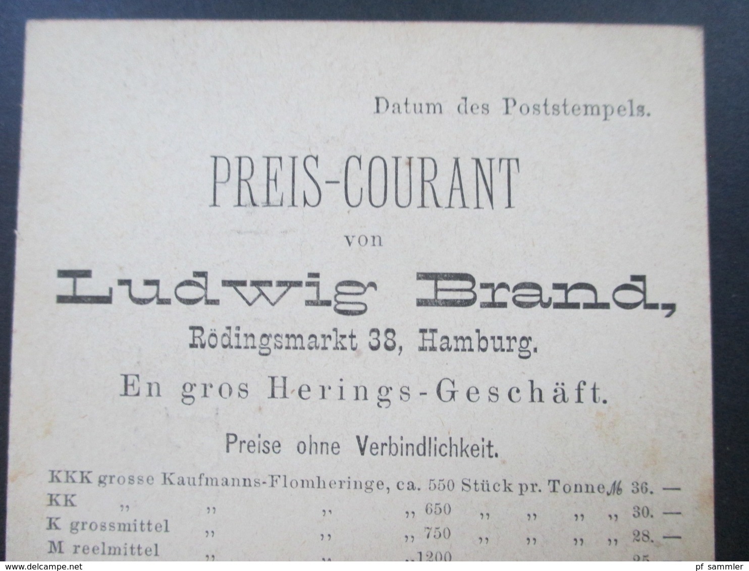 DR 1876 Pfennige Nr. 31 EF Gedruckte Firmenkarte Preis Courant Ludwig Brand Hamburg En Gros Herings Geschäft - Lettres & Documents