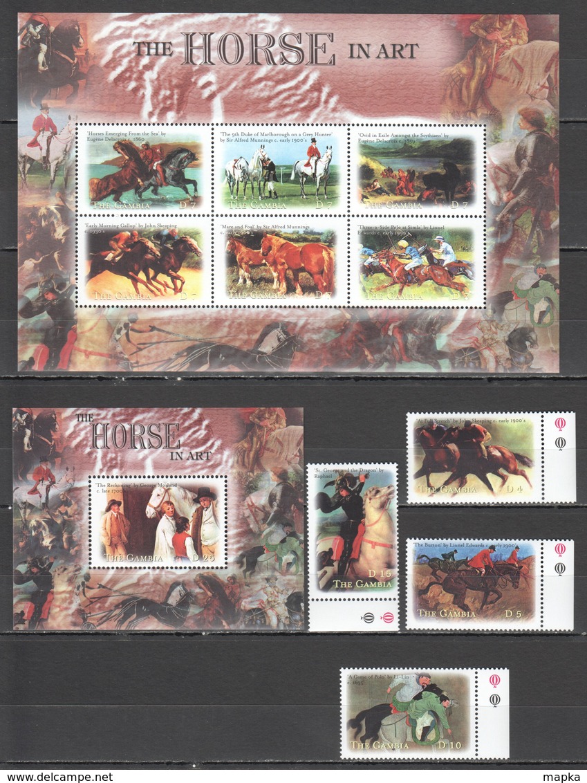 H1060 GAMBIA FAUNA FARM ANIMALS HORSES IN ART PAINTINGS !!! 1SET+1KB+1BL MNH - Chevaux