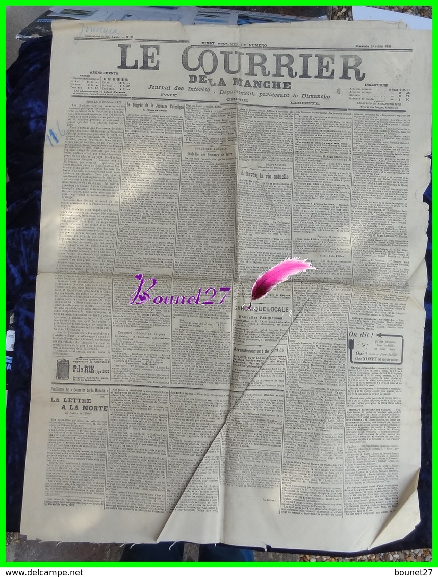 Ancien Journal - LE COURRIER DE LA MANCHE - édition Du Dimanche 23 Juillet 1922 - Journal Des Intérêts Du Département - Other & Unclassified