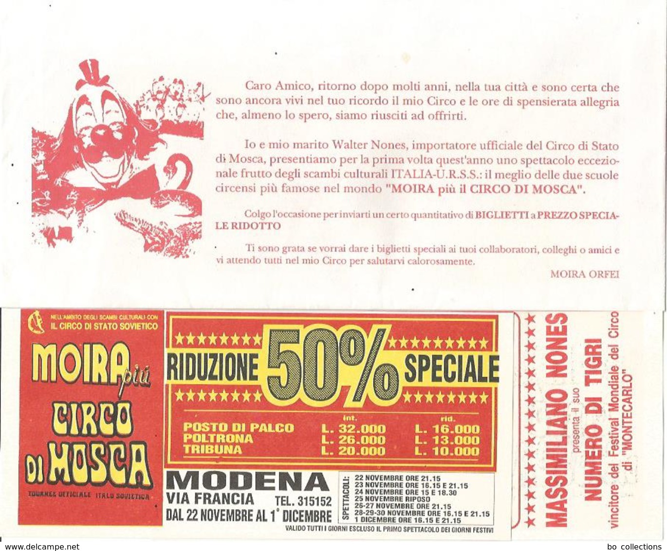 Moira Orfei, Busta Invito Spettacolo Circo Orfei Unito Al Circo Di Mosca A Modena, Contiene 5 Biglietti Ingresso. - Biglietti D'ingresso