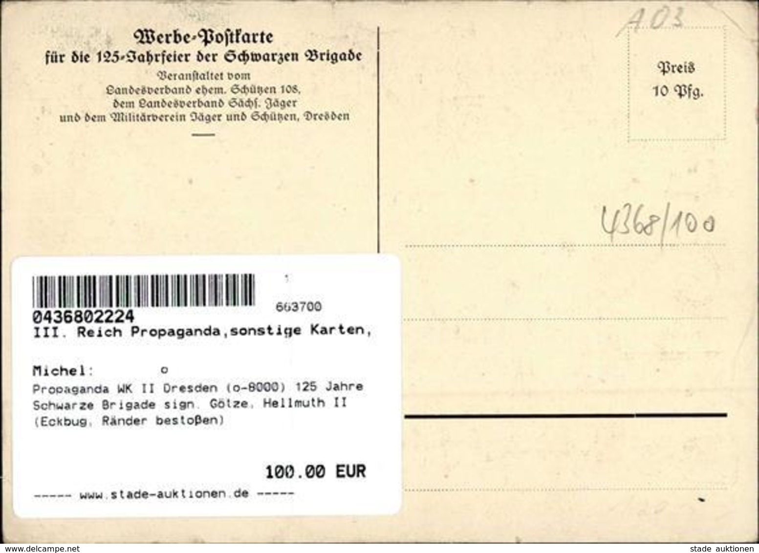 Propaganda WK II Dresden (o-8000) 125 Jahre Schwarze Brigade Sign. Götze, Hellmuth II (Eckbug, Ränder Bestoßen) - Guerre 1939-45