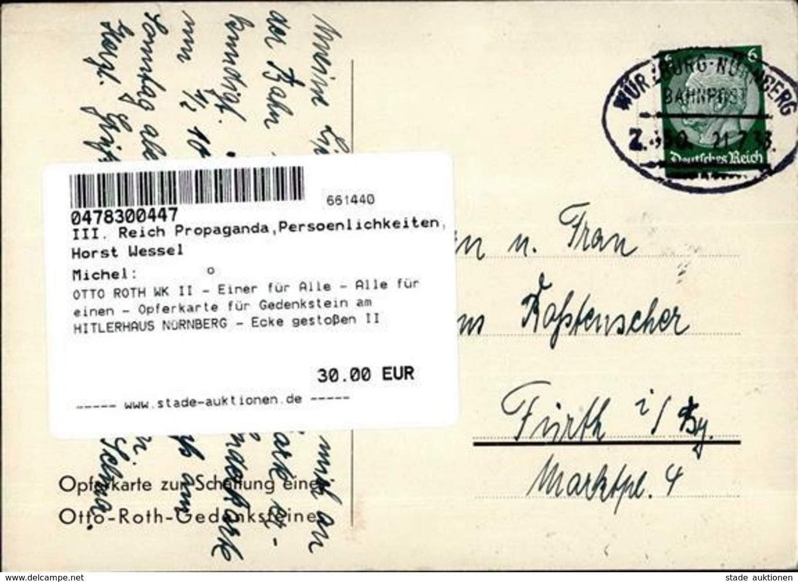 OTTO ROTH WK II - Einer Für Alle - Alle Für Einen - Opferkarte Für Gedenkstein Am HITLERHAUS NÜRNBERG - Ecke Gestoßen II - Guerre 1939-45