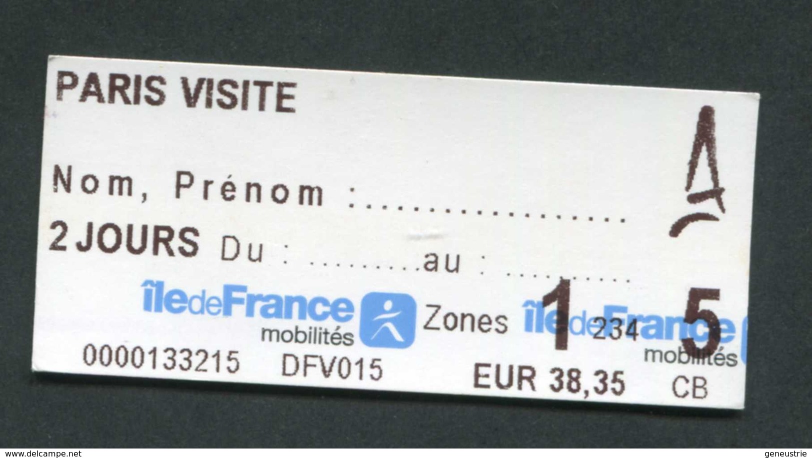 Ticket De Métro / Bus RATP / SNCF "Paris Visite 2 Jours / Zone 1 à 5 / Ile-de-France Mobilités" Ile-de-France - Europe