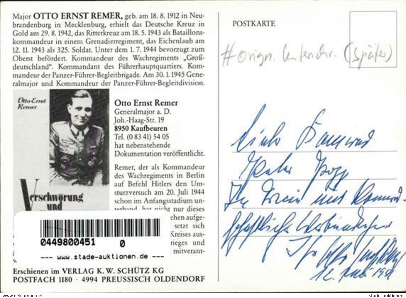 Ritterkreuzträger WK II Remer, Otto Ernst Major Original Unterschrift Nachkrieg I-II - Guerra 1939-45