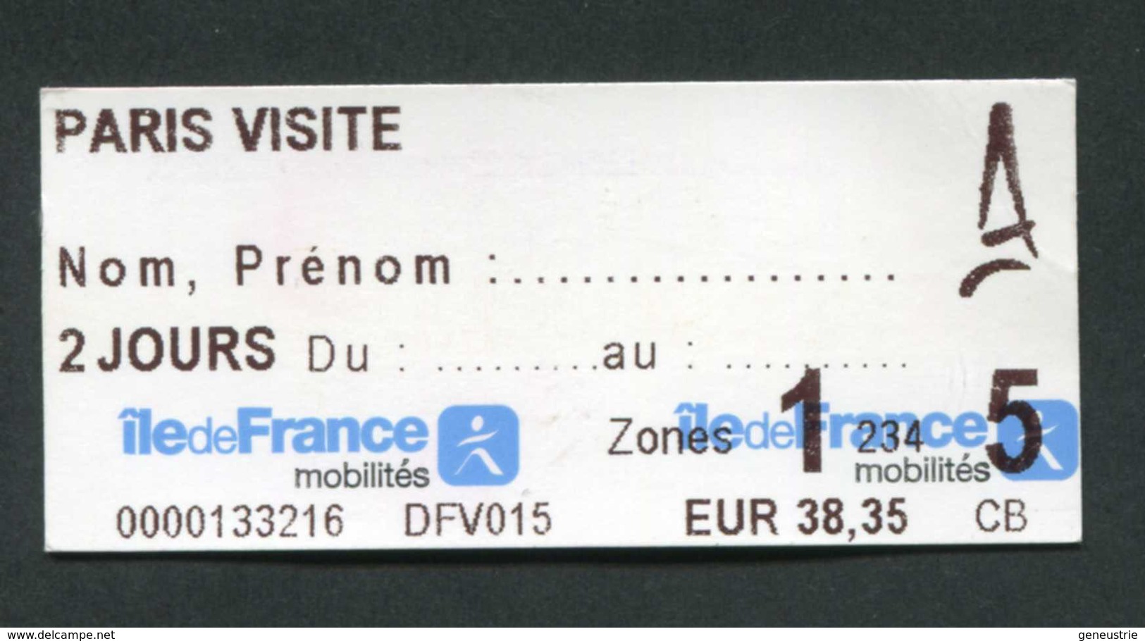 Ticket De Métro / Bus RATP / SNCF "Paris Visite 2 Jours / Zone 1 à 5 / Ile-de-France Mobilités" Ile-de-France - Europe