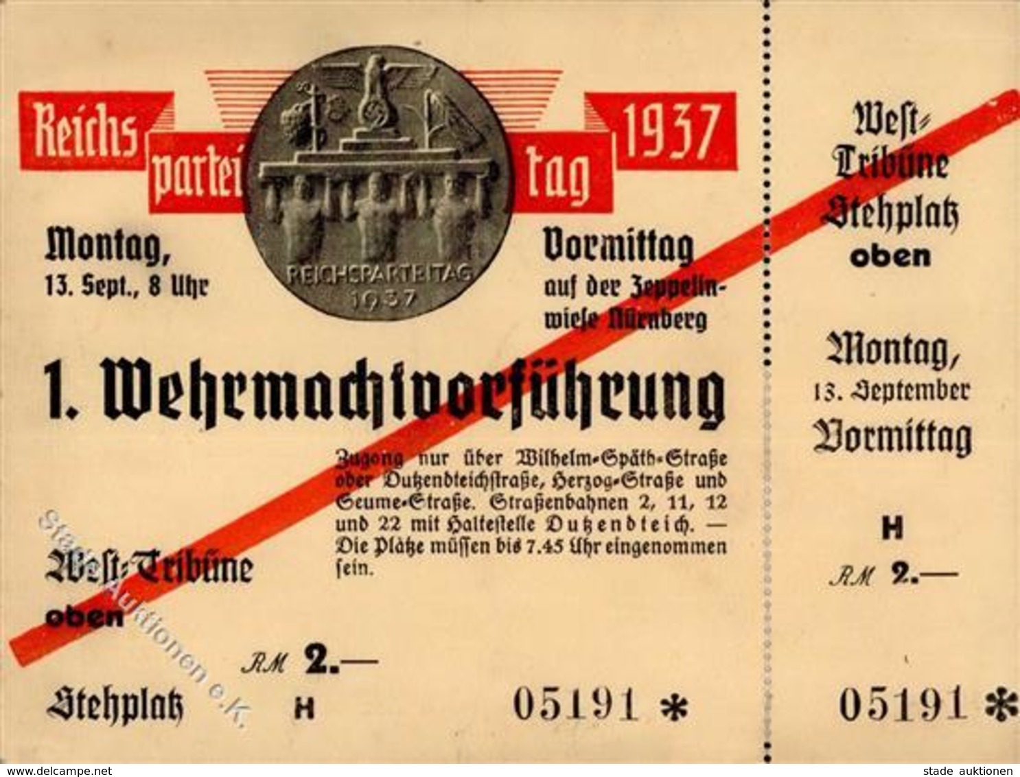 Reichsparteitag WK II Nürnberg (8500) 1937 Eintrittskarte 1. Wehrmachtsvorführung I-II - Guerre 1939-45