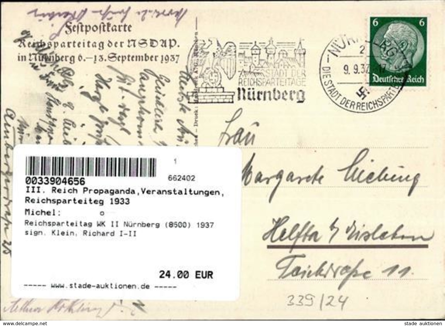 Reichsparteitag WK II Nürnberg (8500) 1937 Sign. Klein, Richard I-II - Guerre 1939-45