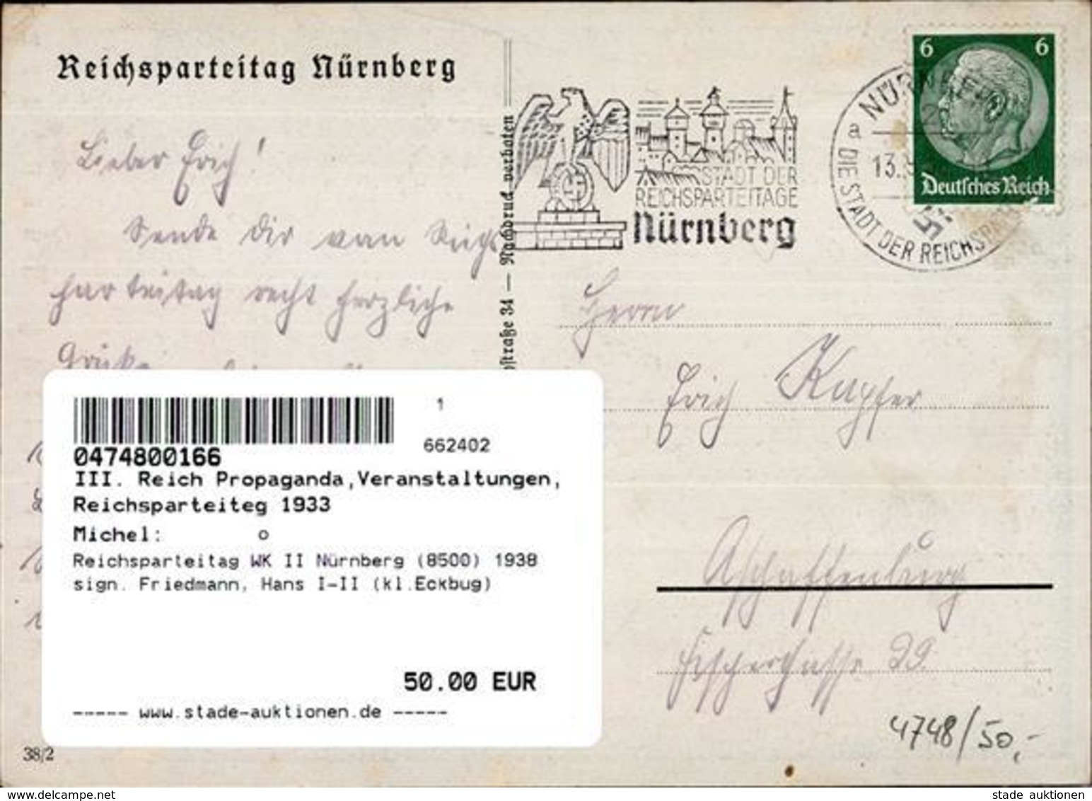 Reichsparteitag WK II Nürnberg (8500) 1938 Sign. Friedmann, Hans I-II (kl.Eckbug) - Guerra 1939-45