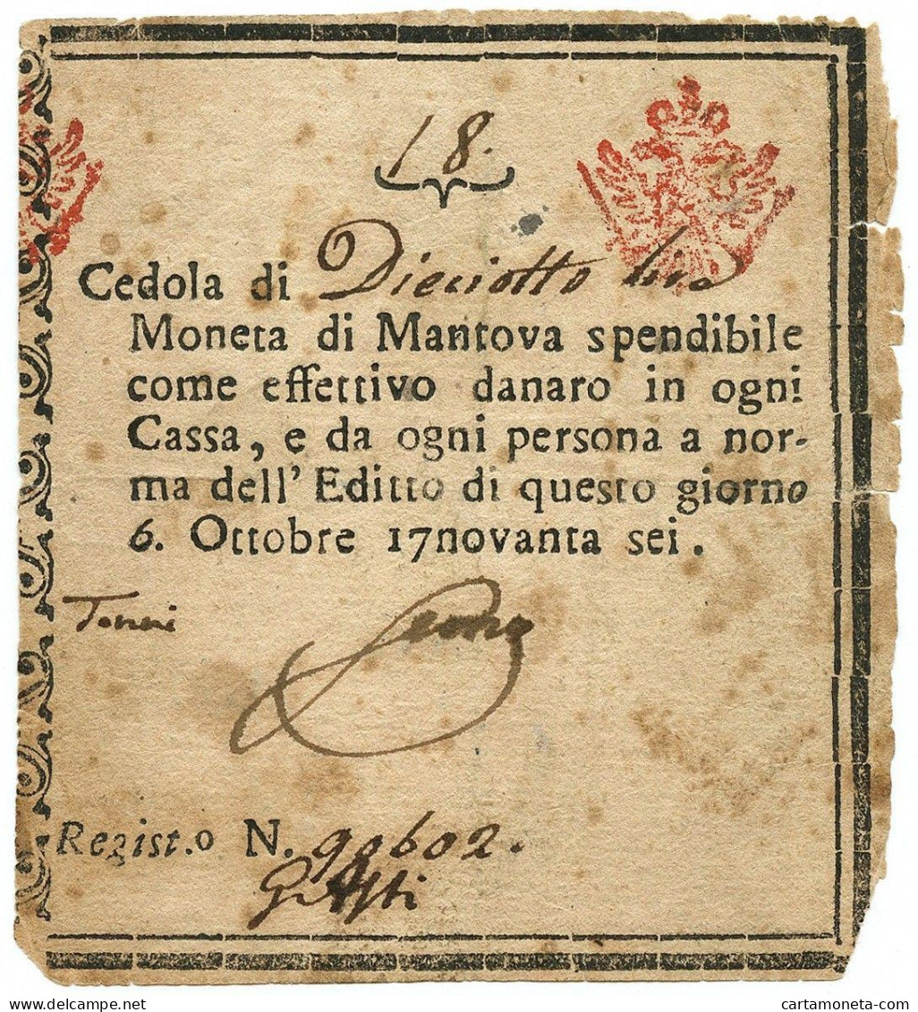 18 LIRE CEDOLA MONETATA DUCATO DI MANTOVA 06/10/1796 BB - Altri & Non Classificati