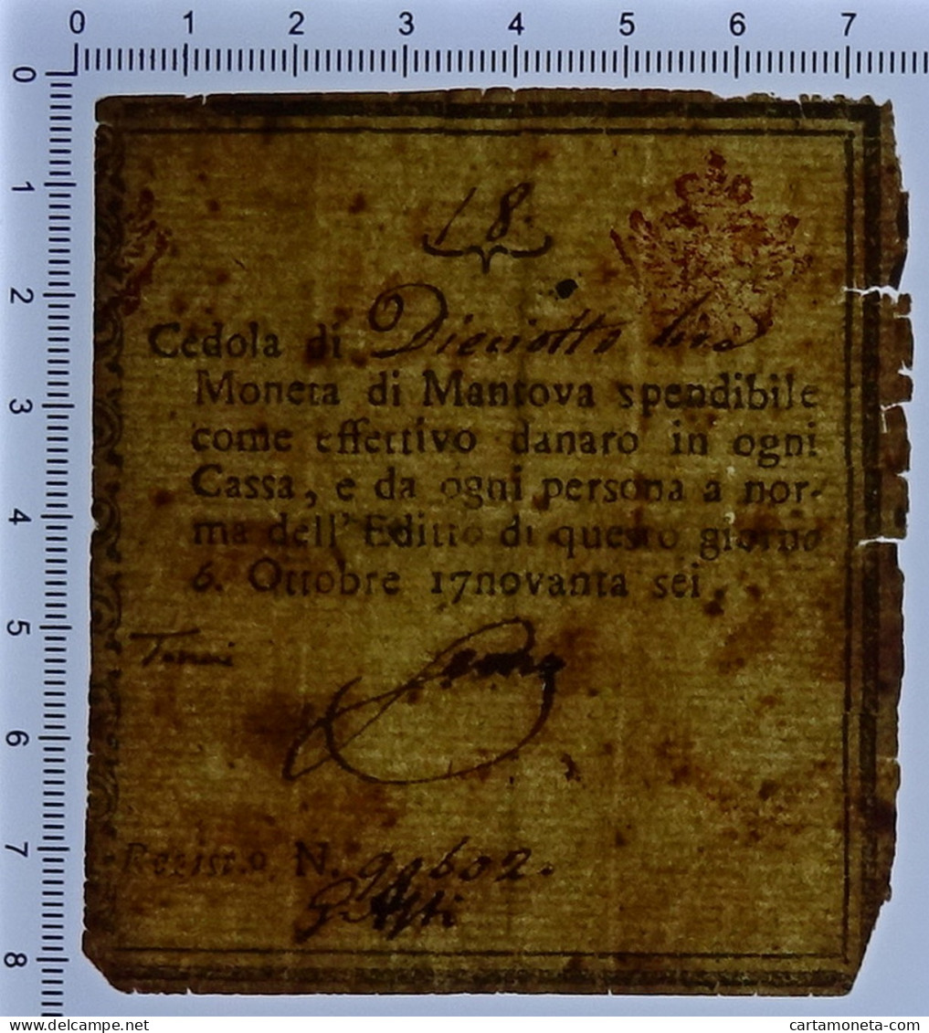 18 LIRE CEDOLA MONETATA DUCATO DI MANTOVA 06/10/1796 BB - Altri & Non Classificati