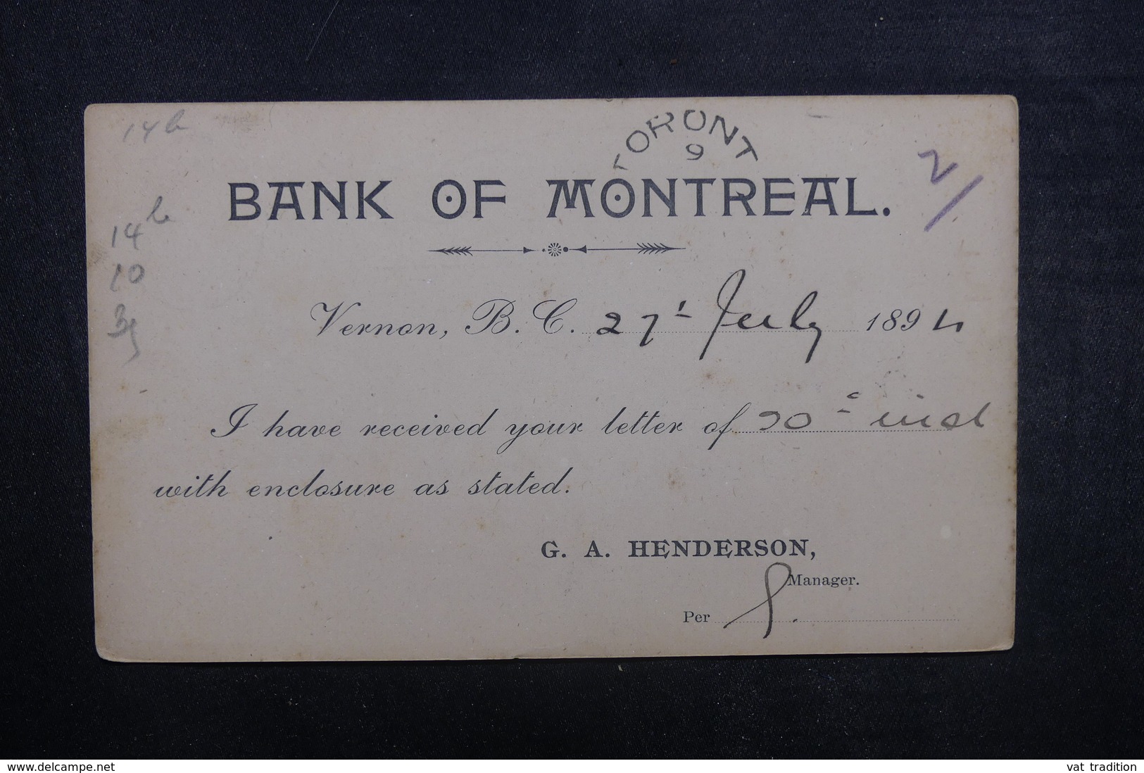 CANADA - Entier Postal Commercial ( Banque De Montréal ) Pour Toronto En 1894 - L 40613 - 1860-1899 Reinado De Victoria
