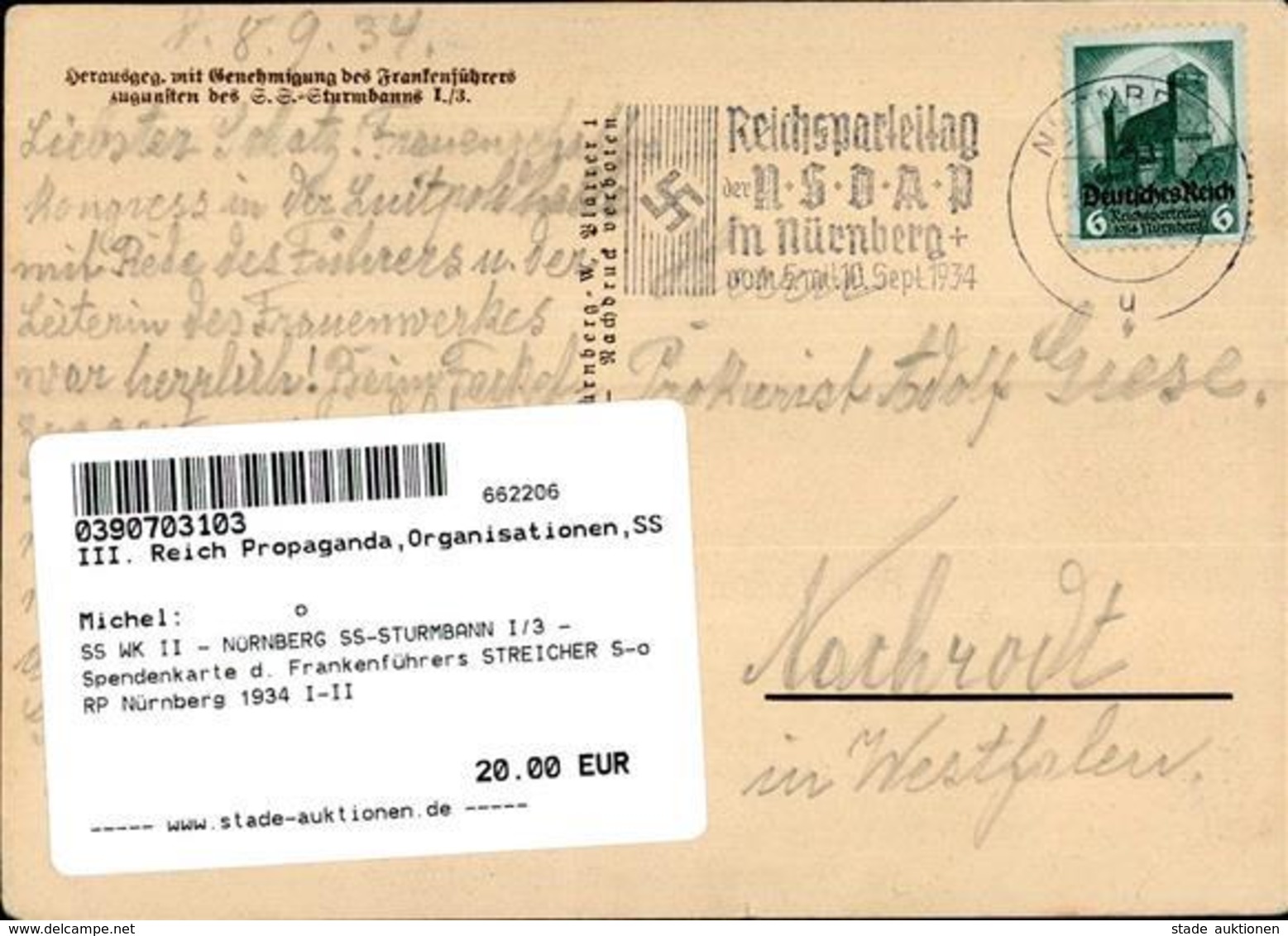 SS WK II - NÜRNBERG SS-STURMBANN I/3 - Spendenkarte D. Frankenführers STREICHER S-o RP Nürnberg 1934 I-II - Guerre 1939-45