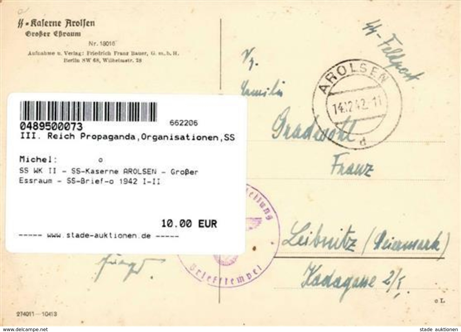 SS WK II - SS-Kaserne AROLSEN - Großer Essraum - SS-Brief-o 1942 I-II - War 1939-45