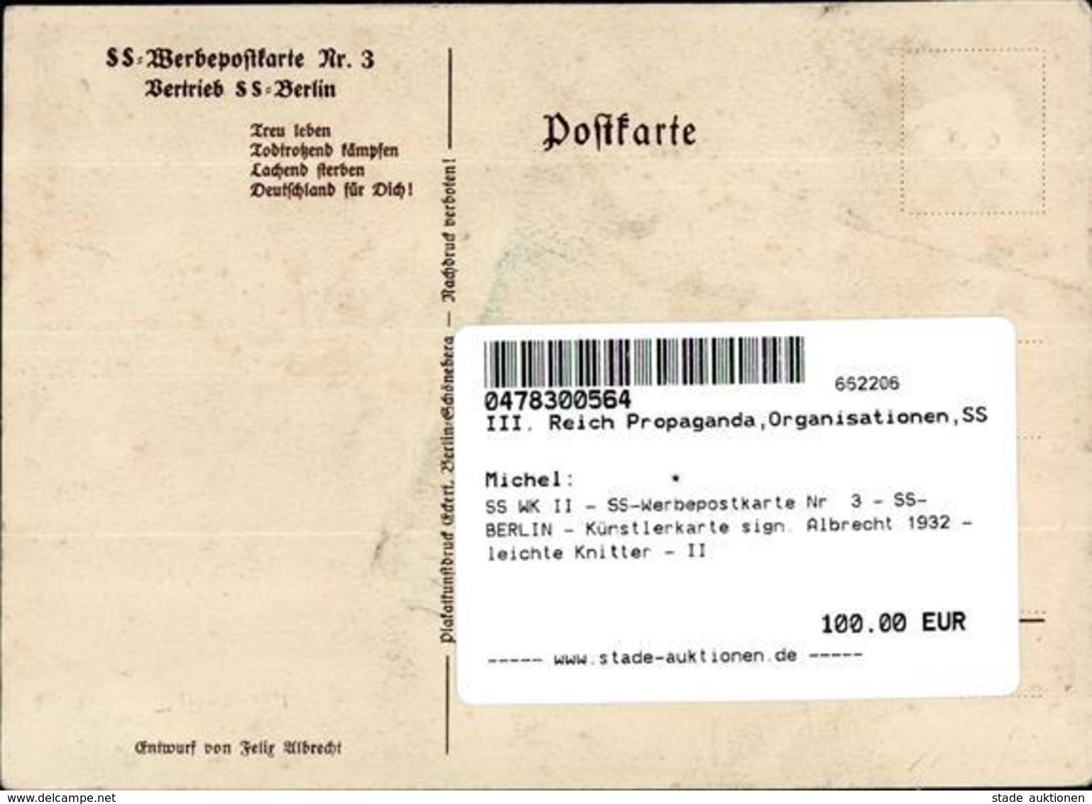 SS WK II - SS-Werbepostkarte Nr. 3 - SS-BERLIN - Künstlerkarte Sign. Albrecht 1932 - Leichte Knitter - II - Guerre 1939-45