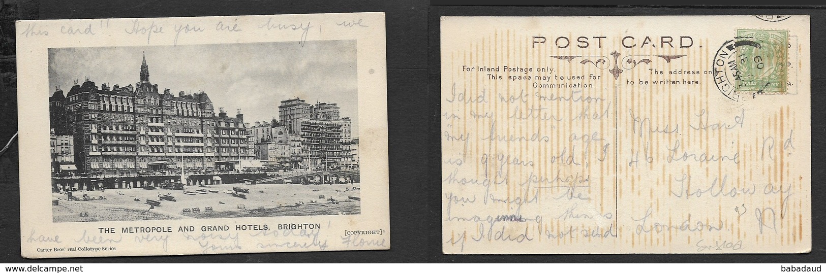 England,Sussex, Metroplole & Grand Hotels Brighton, Used, 1/2d, BRIGHTON JY 31 09   > London - Brighton