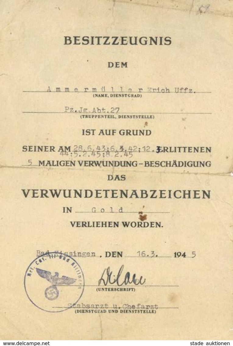 Verleihungsurkunde Panzer Jäger Verwundetenabzeichen In Gold II (Einrisse, Stauchung, Fleckig) Réservoir - Weltkrieg 1939-45