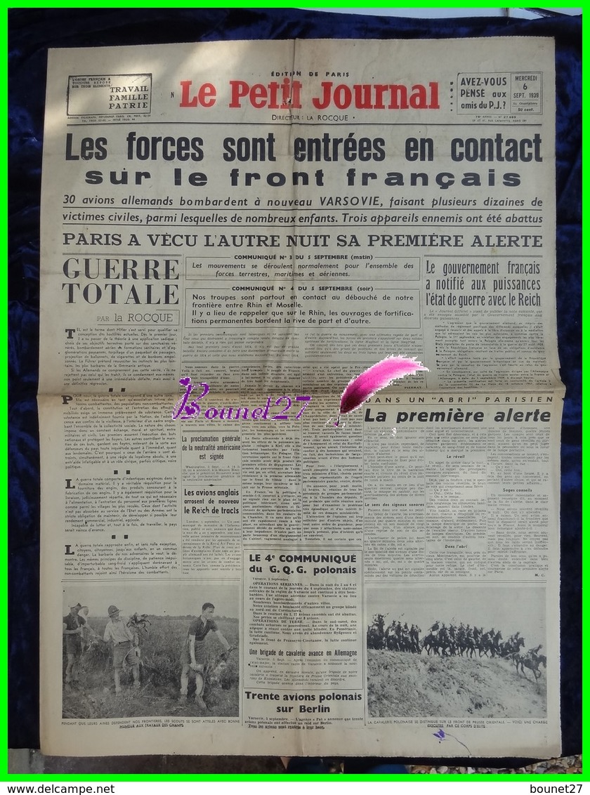 LE PETIT JOURNAL - Edition De Paris N° 27.989 Mercredi 6 Septembre 1939 - Début De La Guerre - Le Petit Journal