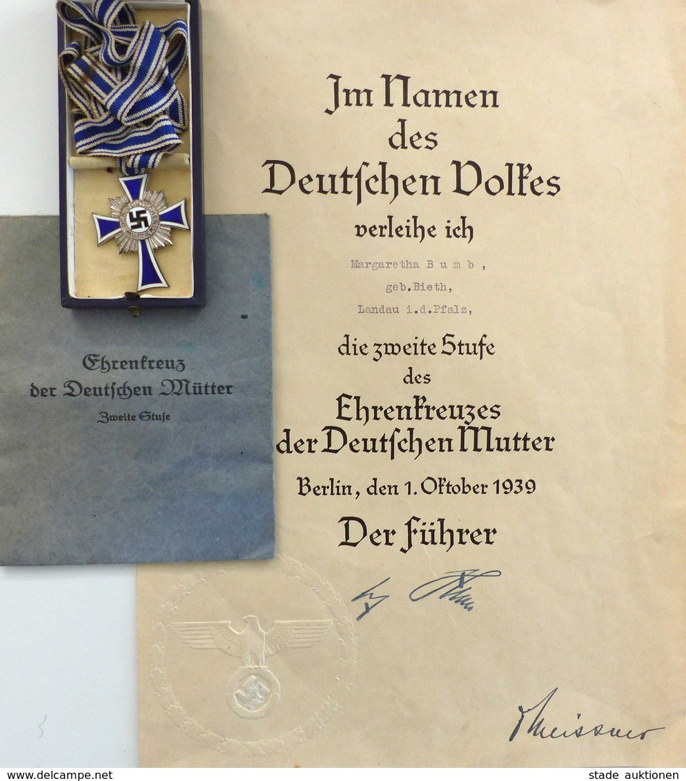 WK II Orden Ehrenkreuz Der Deutschen Mutter 2. Stufe Silber Mit Verleihungsurkunde Schatulle Und Tüte I-II - War 1939-45