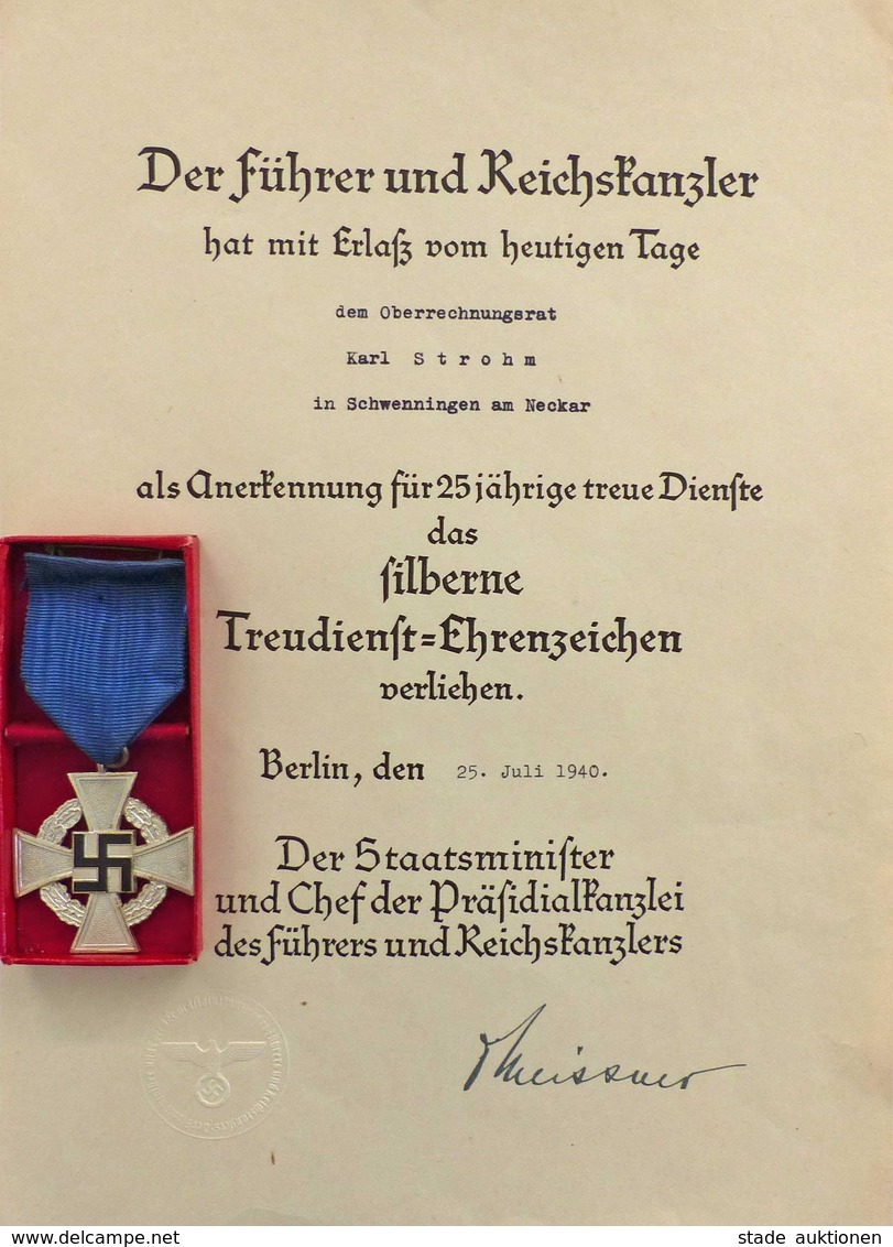 WK II Orden Treudienst Ehrenzeichen Silber Mit Verleihungsurkunde Und Schatulle I-II - Guerre 1939-45