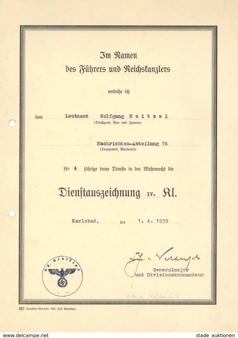WK II Verleiungsurkunde Dienstauszeichnung IV. Kl. I-II - Guerra 1939-45