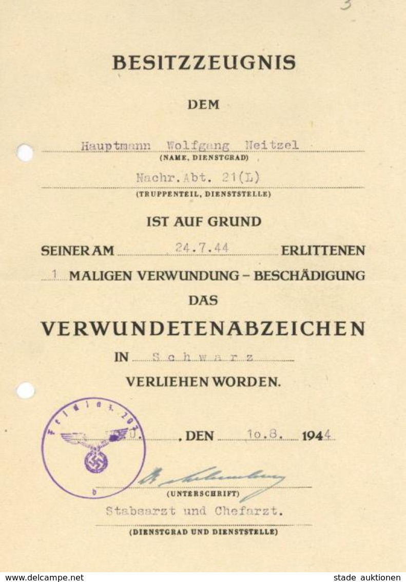 WK II Verleiungsurkunde Verwundetenabzeichen In Schwarz I-II - War 1939-45