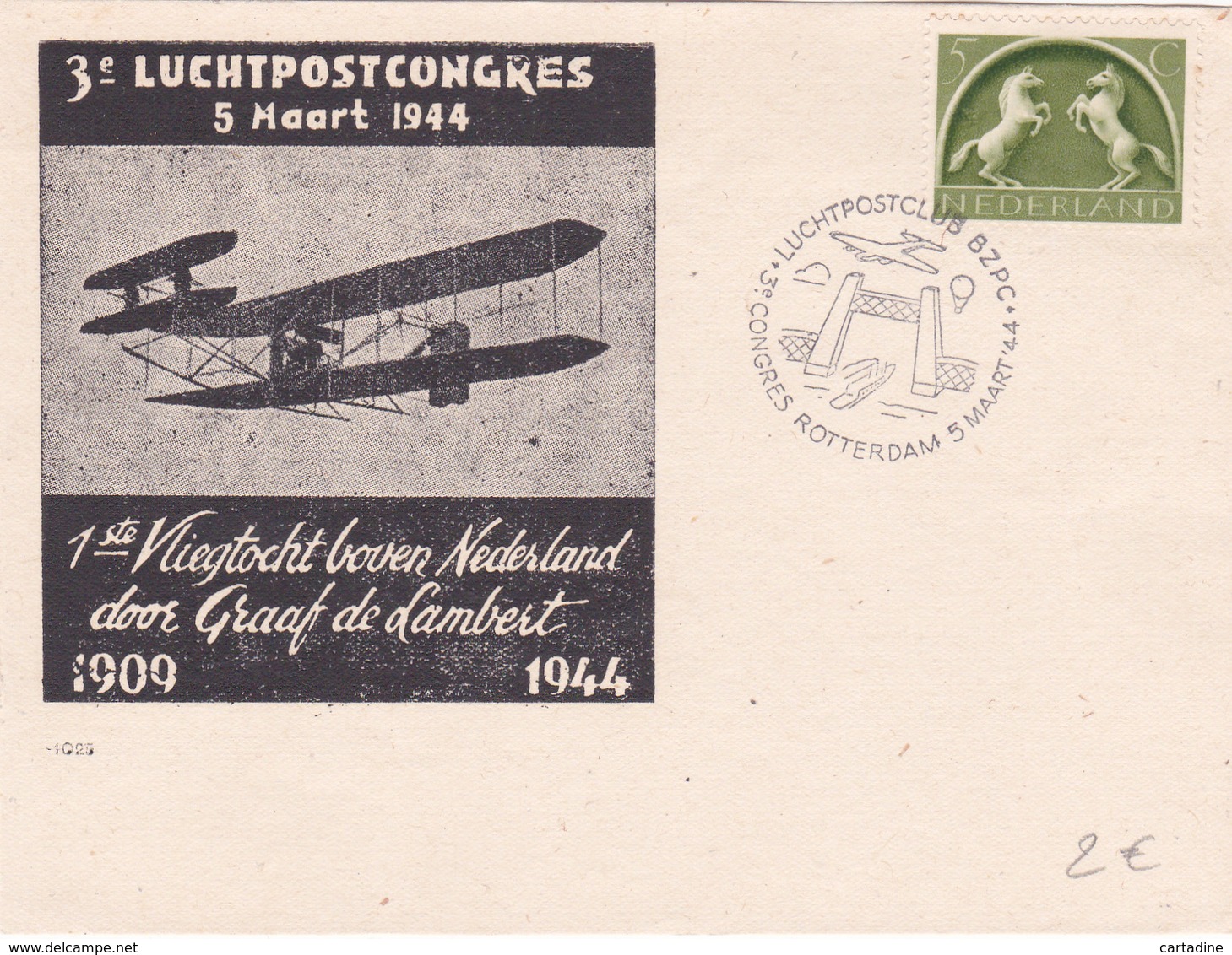 3e Luchtpost Congres - 1944 - 1ste Vliegtocht Boven Nederland Door Graaf De Lambert - Rotterdam - Poste Aérienne