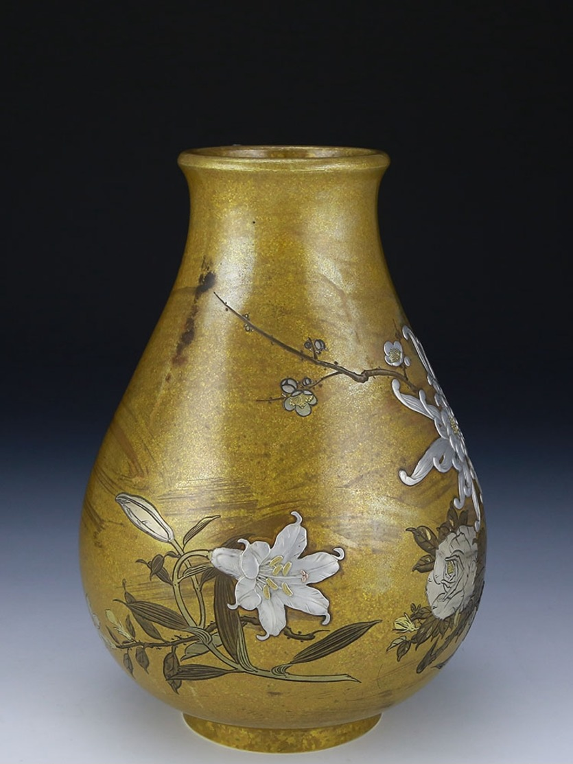 Japanese Pure Copper Enamel Pattern Gold And Silver Inlaid Vase - Kupfer