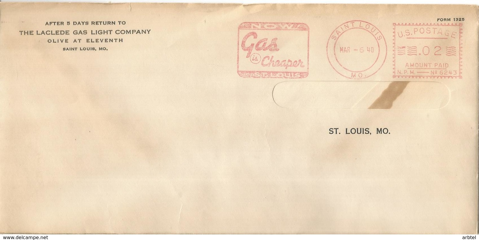 ESTADOS UNIDOS USA FRANQUEO MECANICO METER SAINT LOUIS GAS AND LIGHT - Gas
